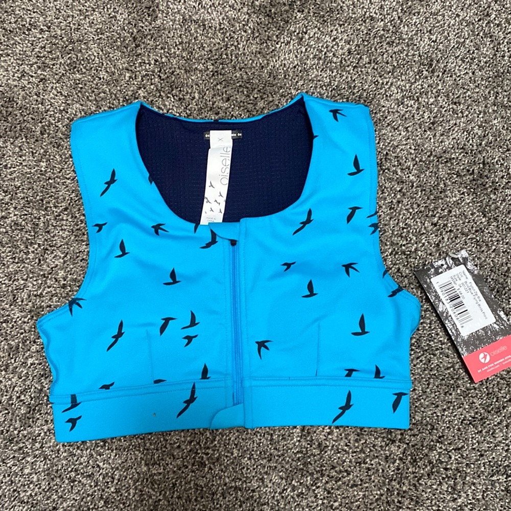 oiselle Blue Bird-Print Front-Zip Sports Bra
